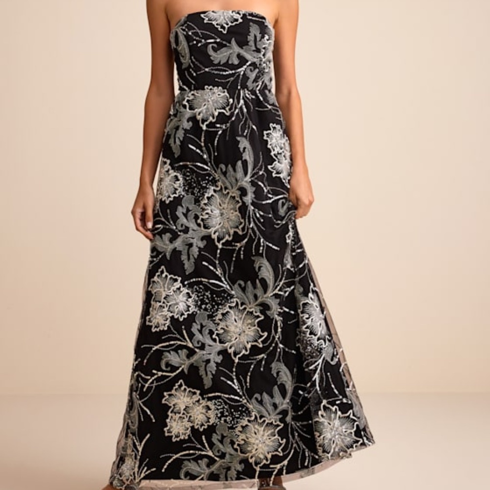 Lulus Tisdale Black And Silver Embroidered Strapless Maxi Dress - Size XS NWT